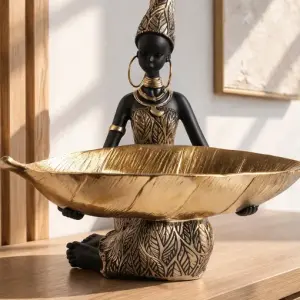 African woman sculpture: vintage resin decoration, gold leaf bowl, Afrocentric home accent