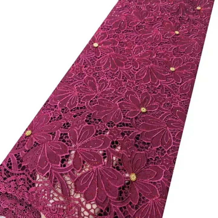 Magenta embroidery mesh African lace fabric stones 5 yards cord wedding sewing textiles