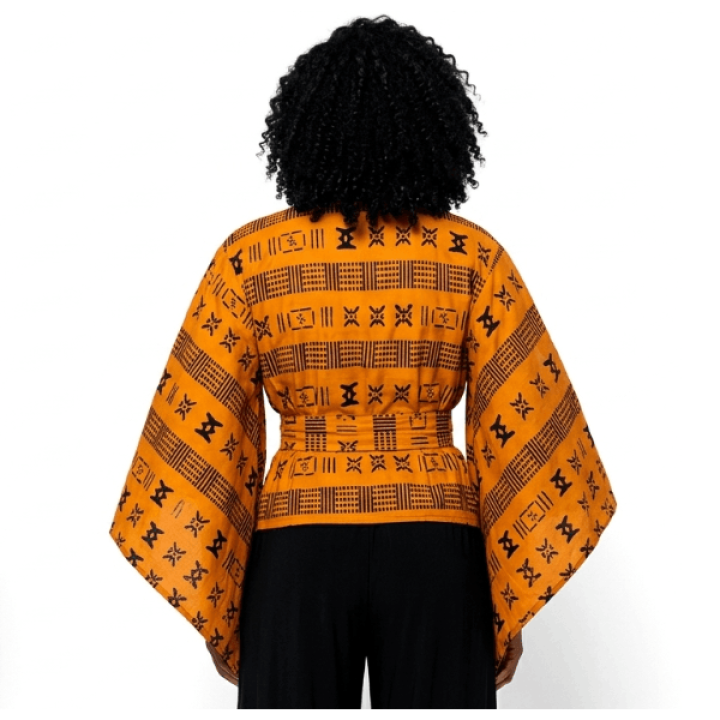 Kimono-style top with African print – Bold wrap top with peacock pattern from Ankara, elegant evening outfit
